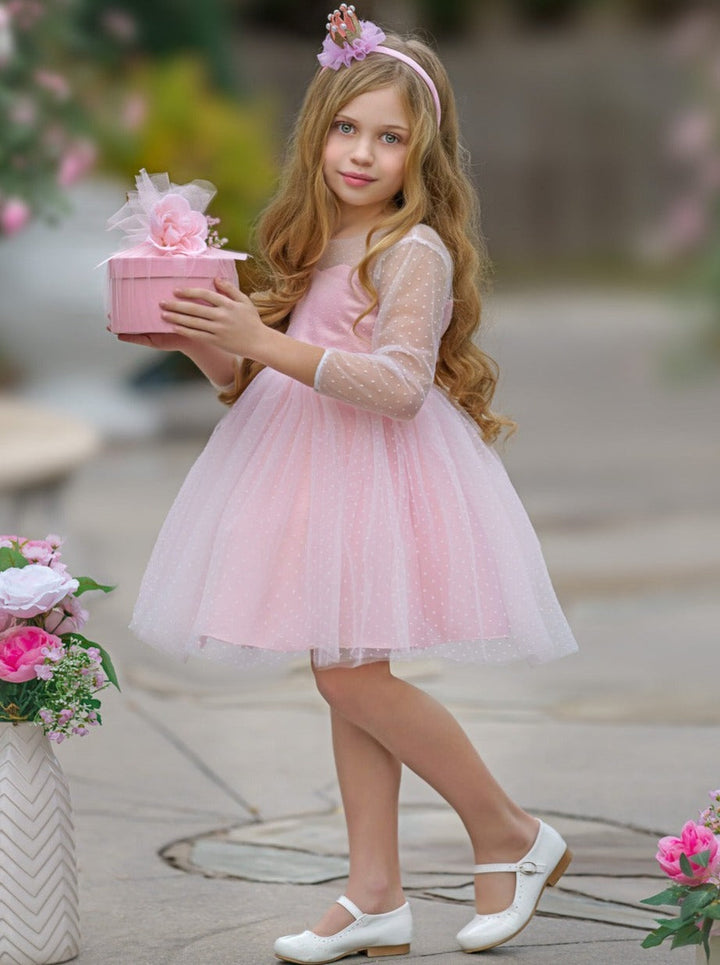 Kids Spring Clothes | Girls Sheer Sleeve Polka Dot Tulle Formal Dress
