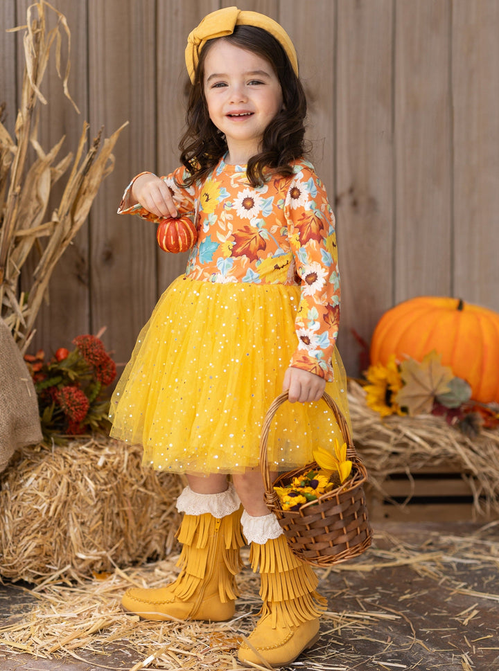 Girls Long Sleeved Floral Sparkly Tutu Dress - Mia Belle Girls