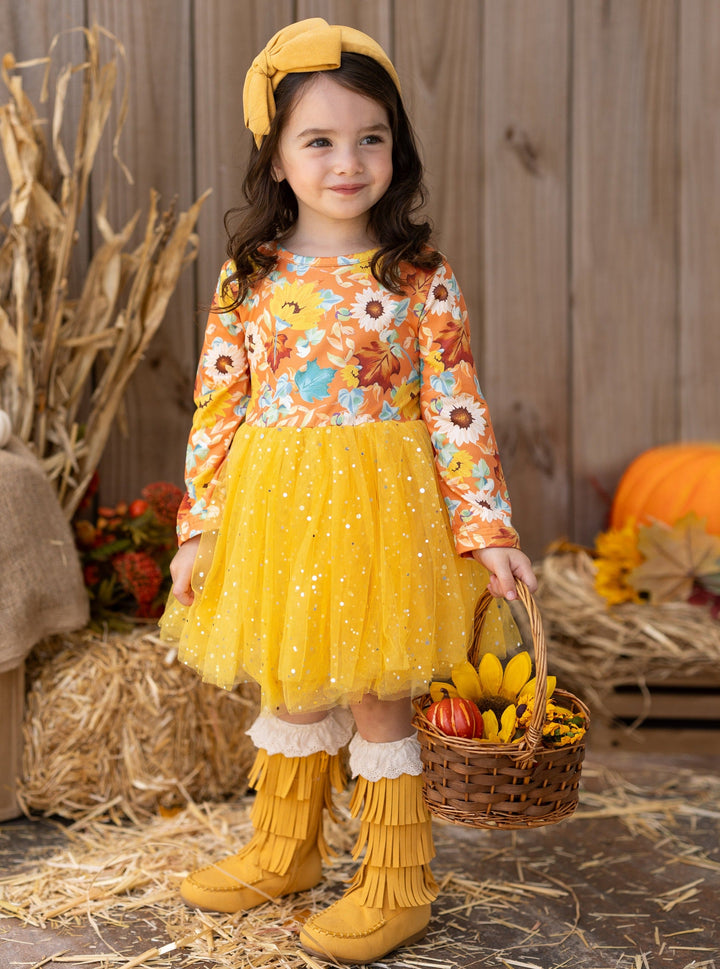 Girls Long Sleeved Floral Sparkly Tutu Dress - Mia Belle Girls