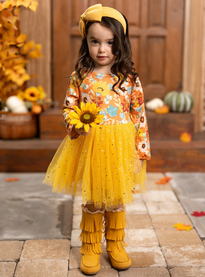Girls Long Sleeved Floral Sparkly Tutu Dress - Mia Belle Girls