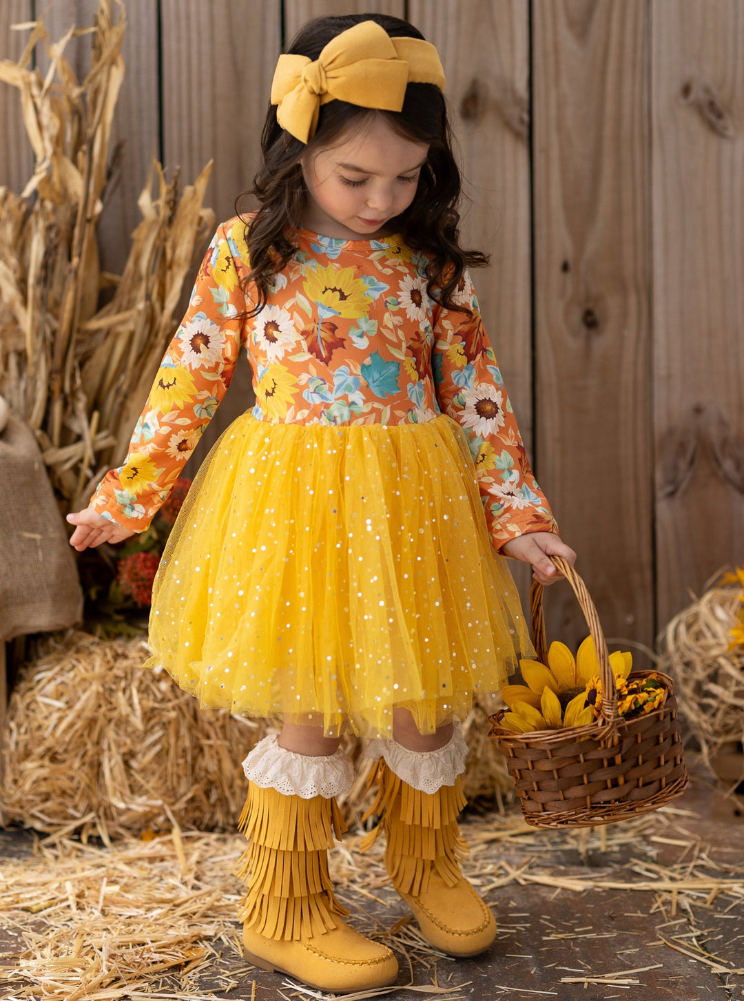 Girls Long Sleeved Floral Sparkly Tutu Dress - Mia Belle Girls