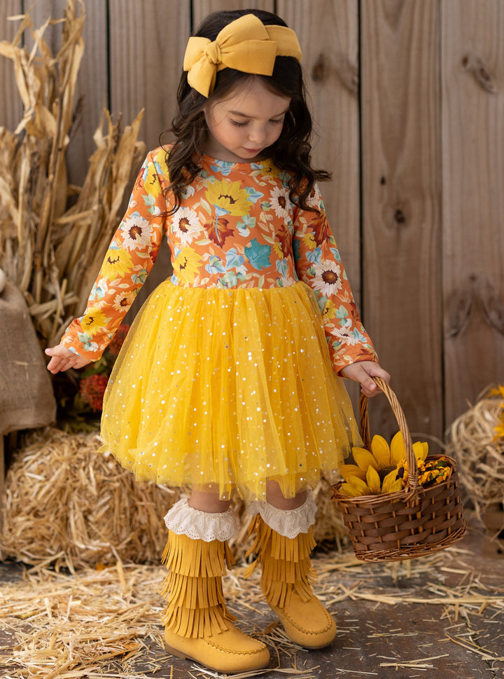 Girls Long Sleeved Floral Sparkly Tutu Dress - Mia Belle Girls