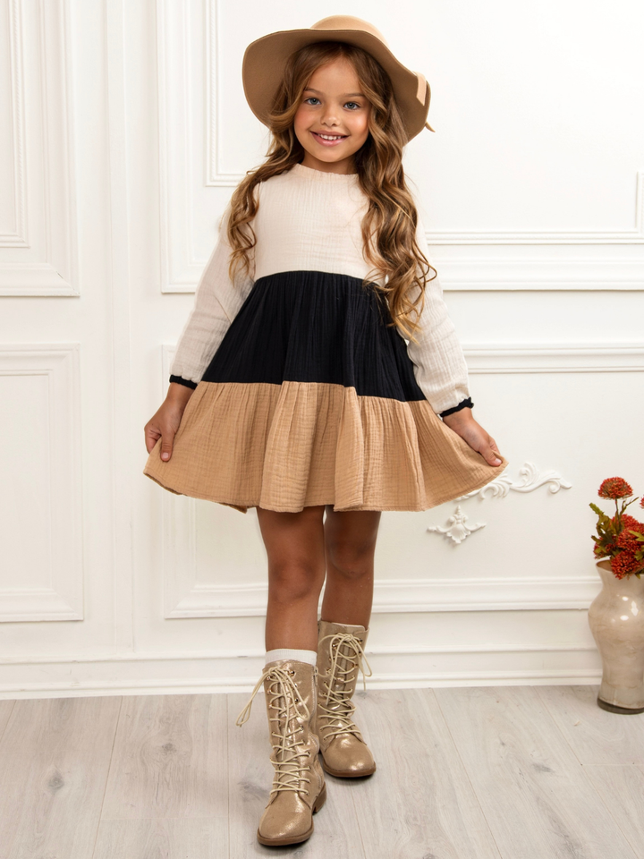 Neutral Colorblock Long Sleeve Tiered Premium Lined Dress