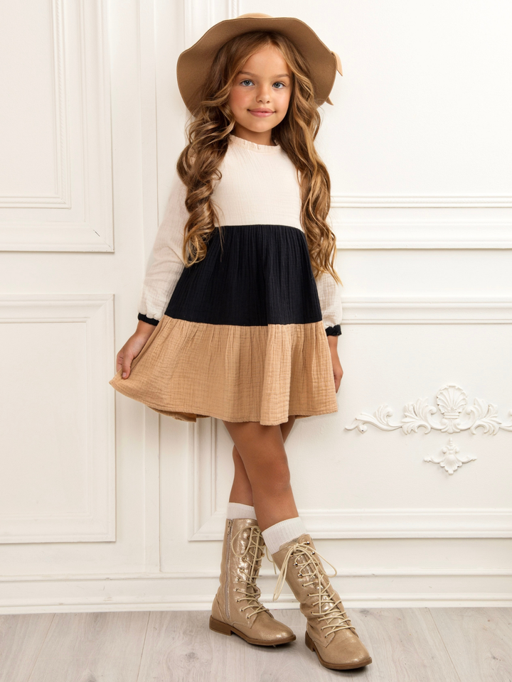 Neutral Colorblock Long Sleeve Tiered Premium Lined Dress