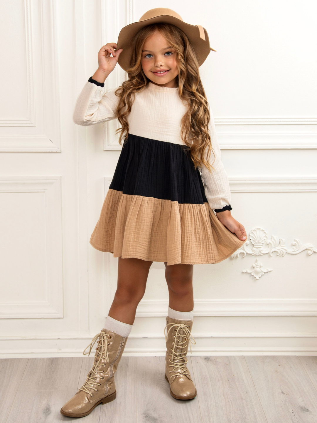 Neutral Colorblock Long Sleeve Tiered Premium Lined Dress