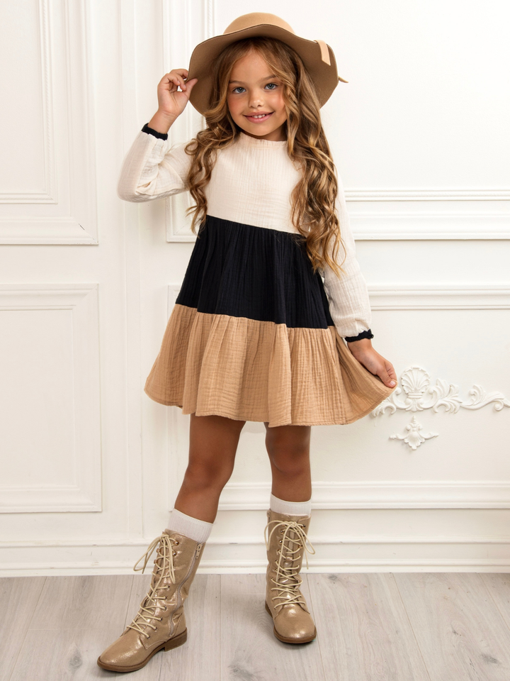 Neutral Colorblock Long Sleeve Tiered Premium Lined Dress