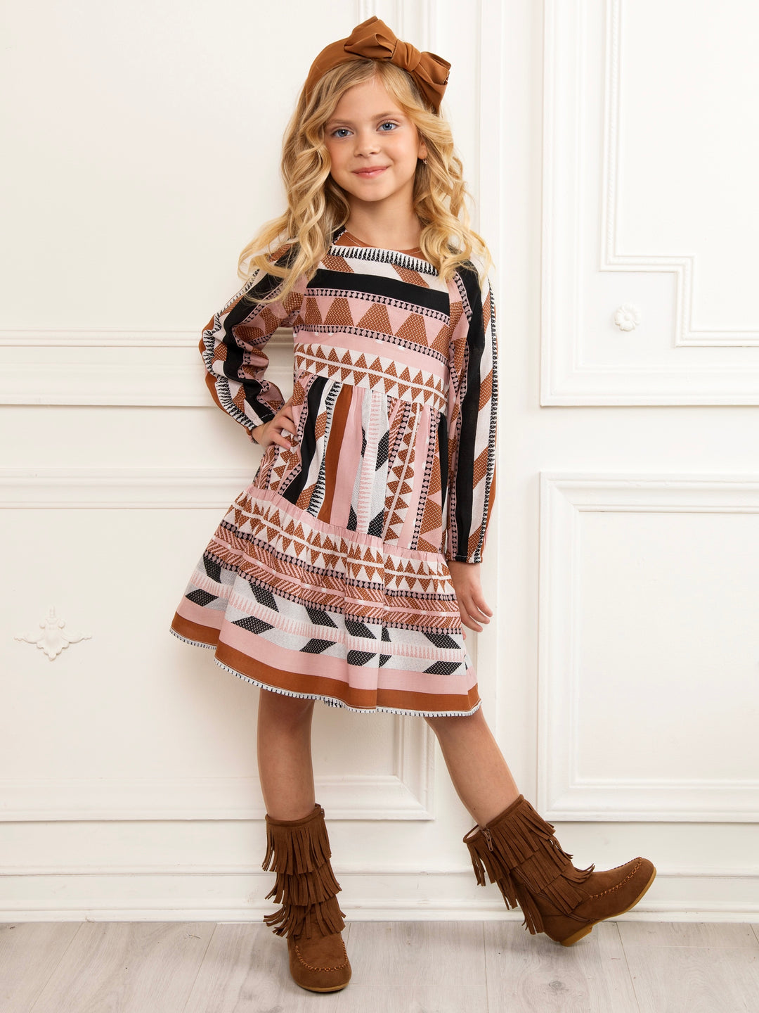 Boho Tribal Print Long Sleeve Tiered  Premium Cotton Dress
