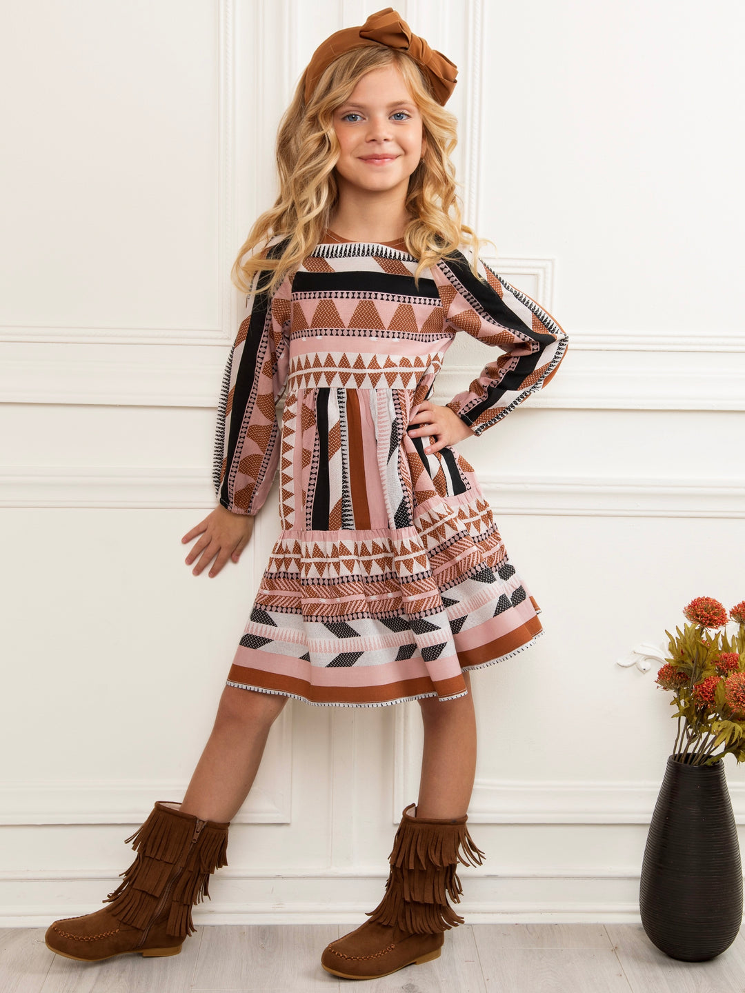 Boho Tribal Print Long Sleeve Tiered  Premium Cotton Dress