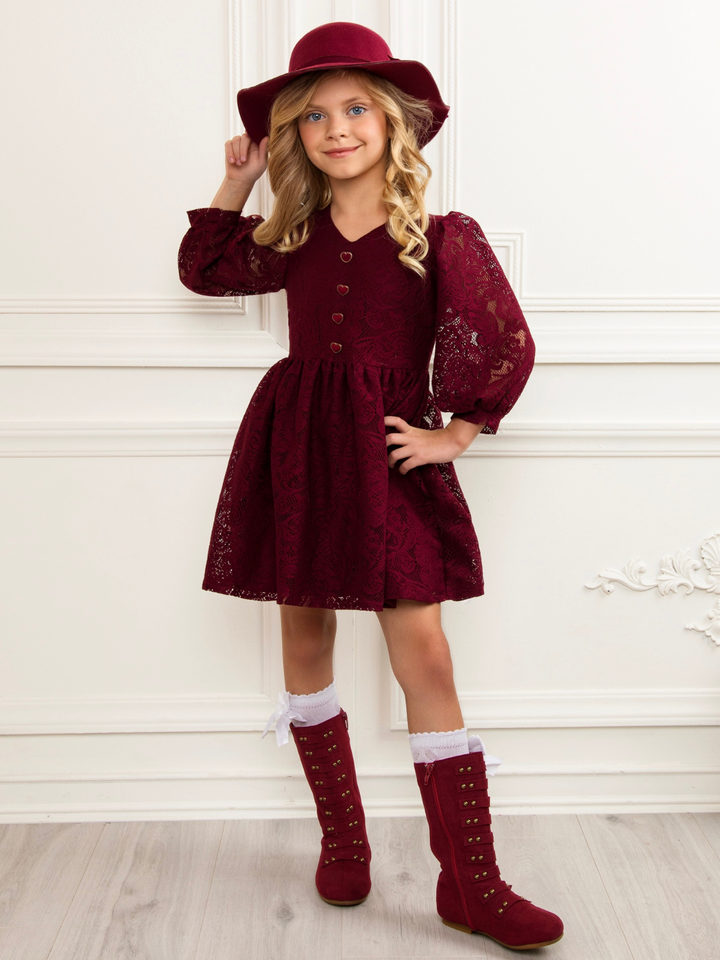 Cranberry Lace Puff Sleeve Dress
