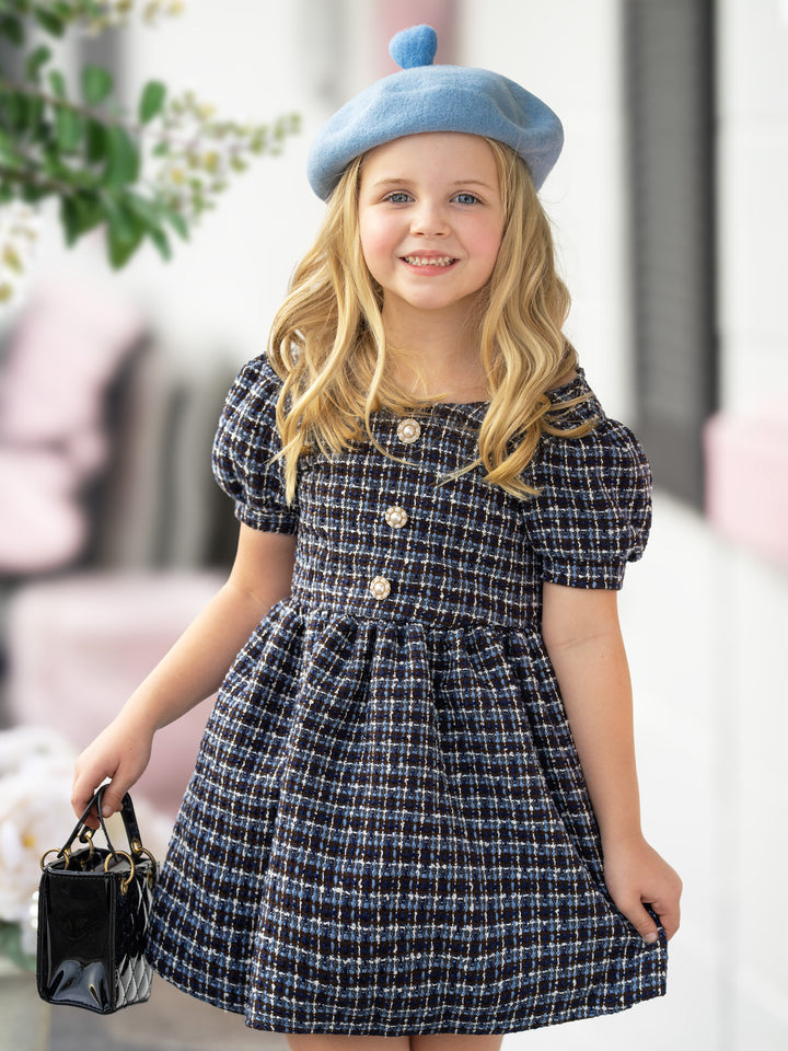 Pretty in Plaid Puff Sleeve Tweed Dress