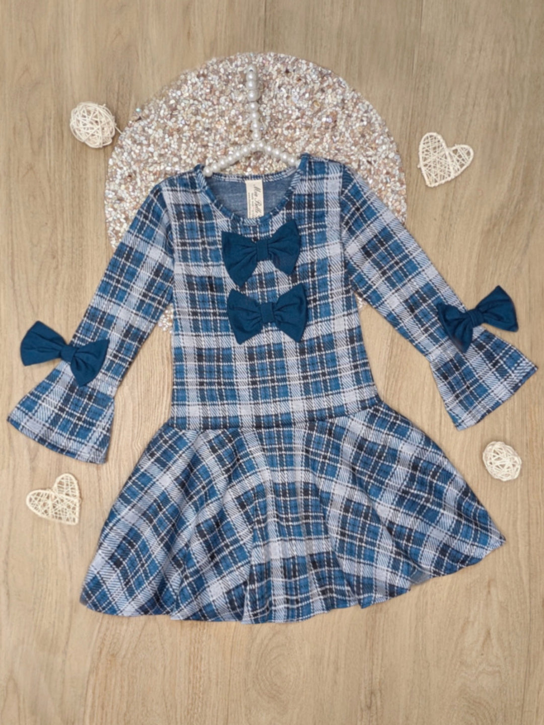 Autumn Blues Bow Plaid Bell Sleeve Dress