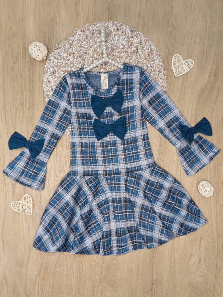 Autumn Blues Bow Plaid Bell Sleeve Dress