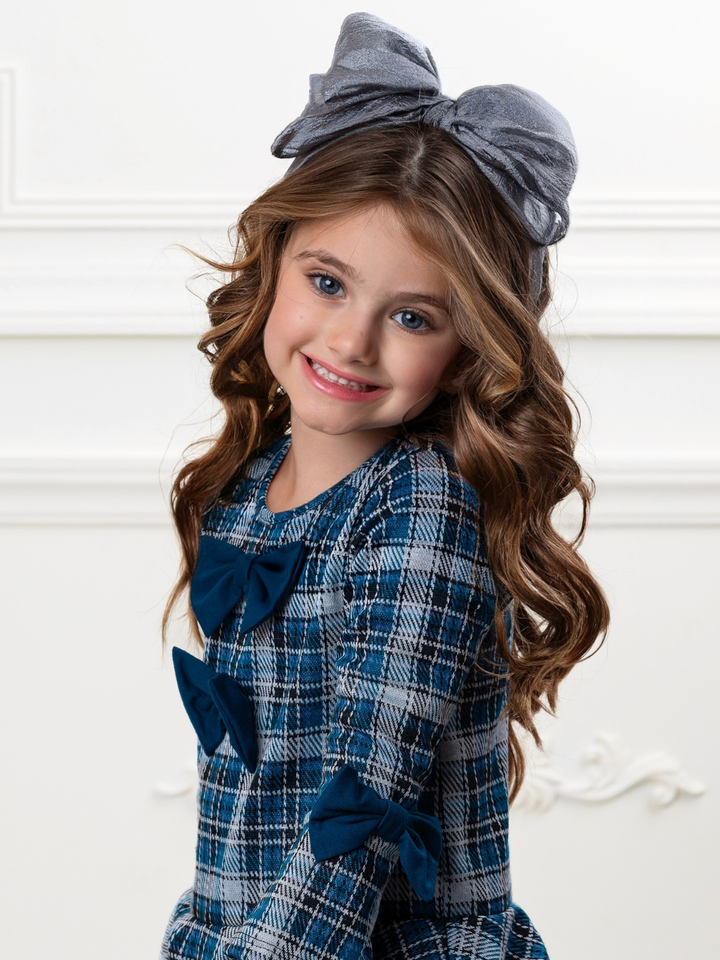 Autumn Blues Bow Plaid Bell Sleeve Dress