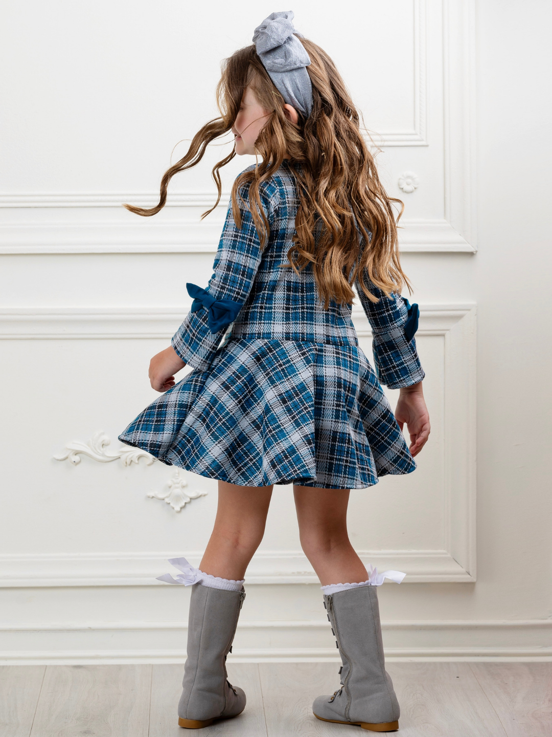 Autumn Blues Bow Plaid Bell Sleeve Dress