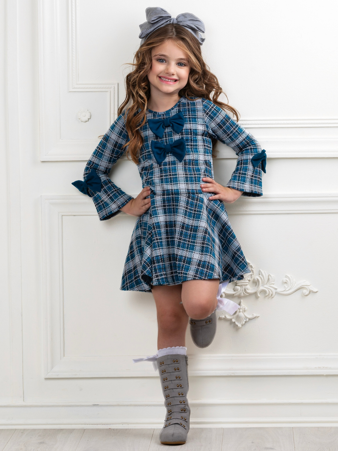 Autumn Blues Bow Plaid Bell Sleeve Dress