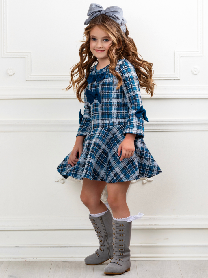 Autumn Blues Bow Plaid Bell Sleeve Dress