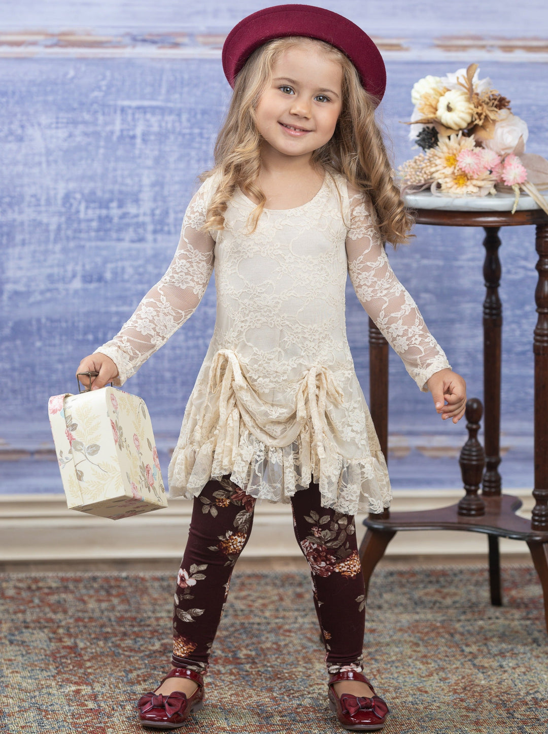 Toddler Fall Outfits | Ivory Lace Drawstring Tunic Floral Legging Set