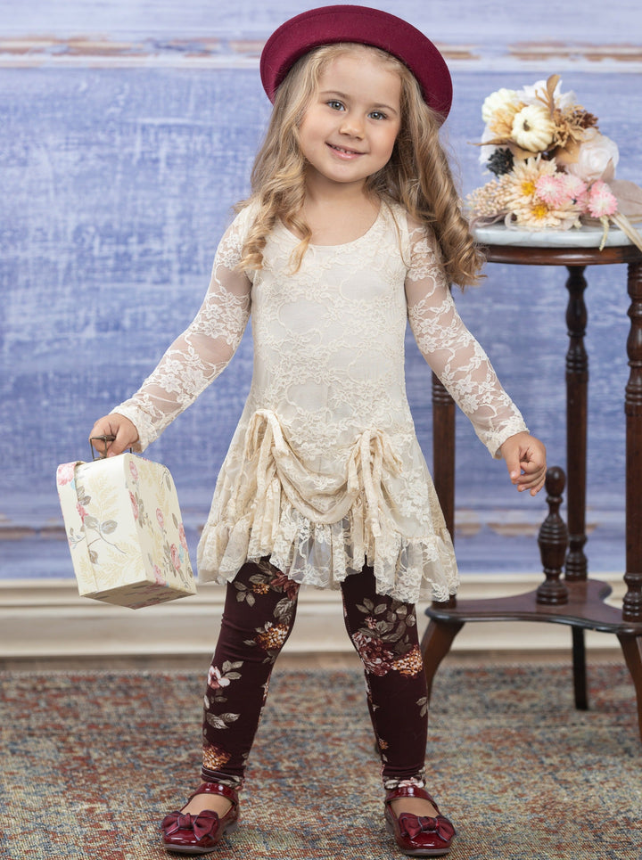 Toddler Fall Outfits | Ivory Lace Drawstring Tunic Floral Legging Set