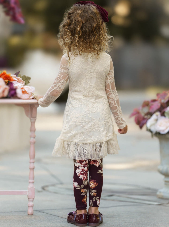 Toddler Fall Outfits | Ivory Lace Drawstring Tunic Floral Legging Set