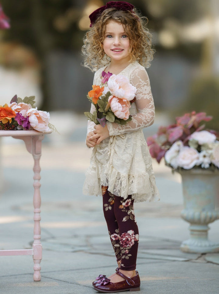 Toddler Fall Outfits | Ivory Lace Drawstring Tunic Floral Legging Set