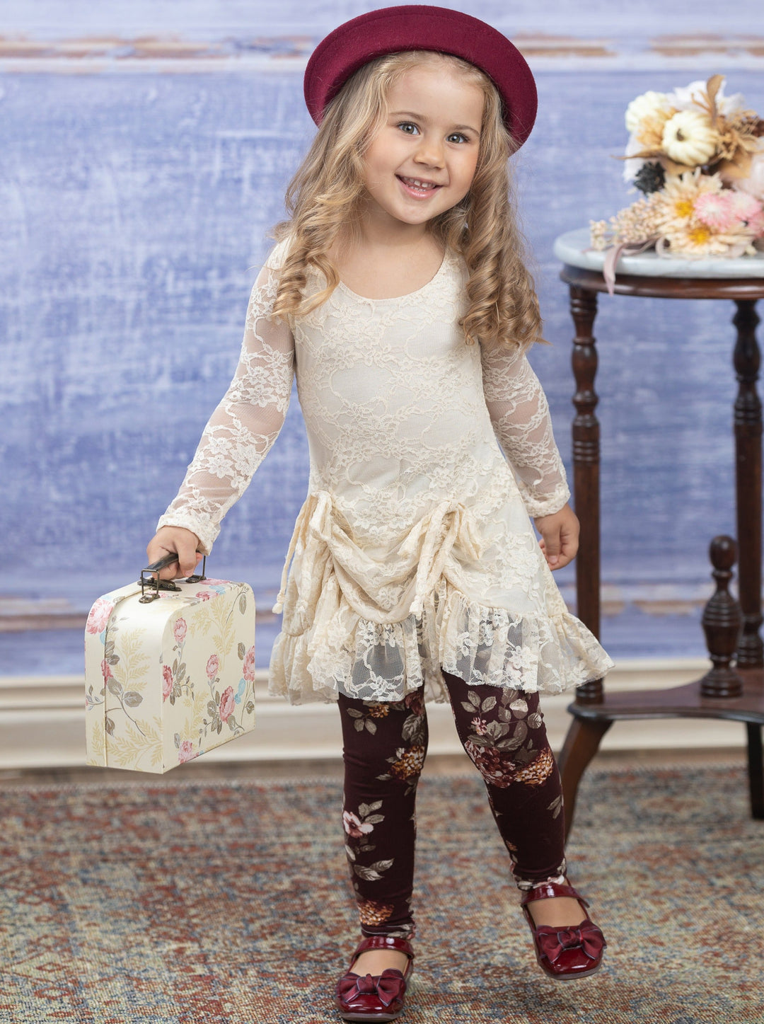 Toddler Fall Outfits | Ivory Lace Drawstring Tunic Floral Legging Set