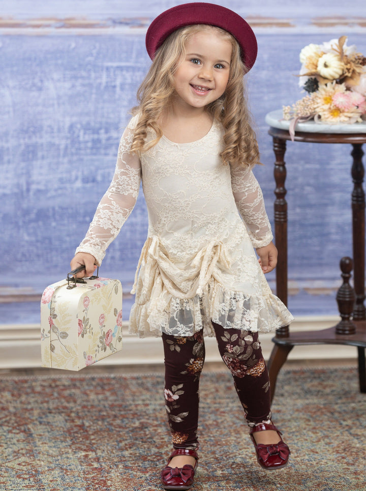 Toddler Fall Outfits | Ivory Lace Drawstring Tunic Floral Legging Set