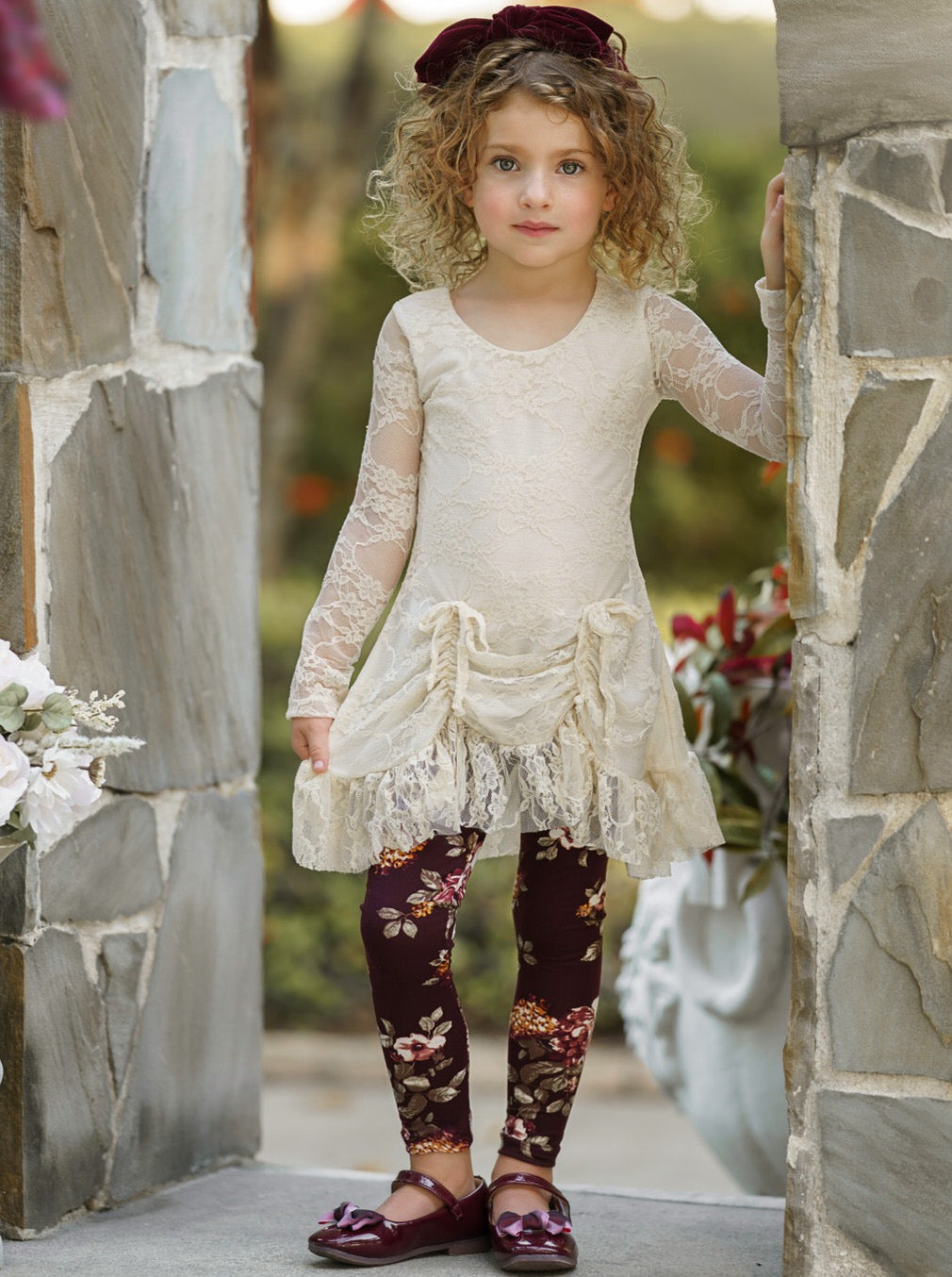 Toddler Fall Outfits | Ivory Lace Drawstring Tunic Floral Legging Set