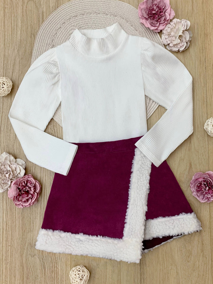 Ivory Ribbed Turtleneck Top and Berry Faux Suede Fur-Trimmed Skort Set