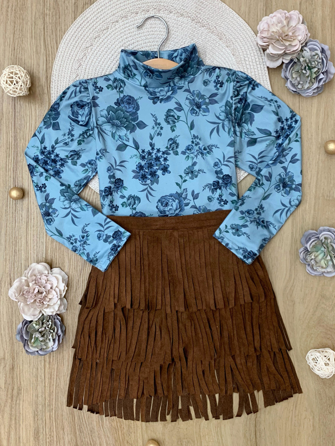 Blue Floral Turtleneck Top and Fringe Skort Set