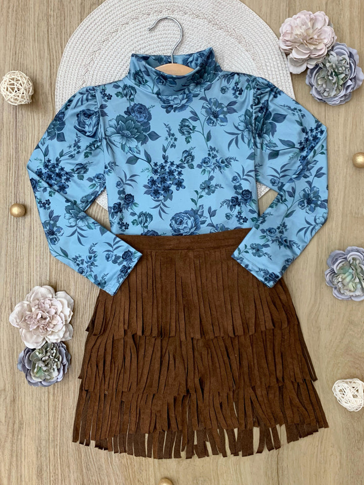 Blue Floral Turtleneck Top and Fringe Skort Set