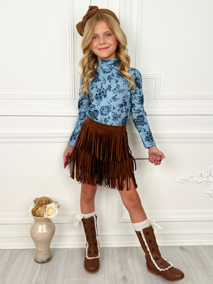 Blue Floral Turtleneck Top and Fringe Skort Set