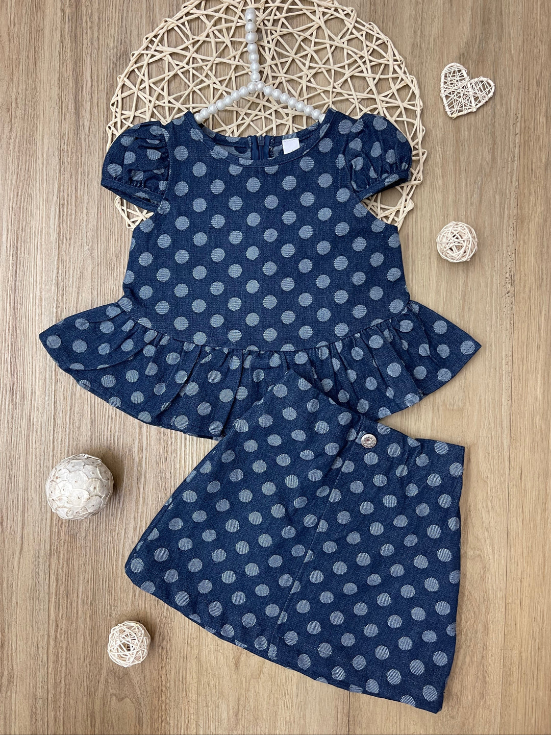 Polka Dot Peplum Denim Top and Skirt Set