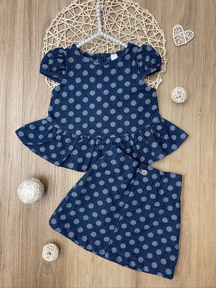Polka Dot Peplum Denim Top and Skirt Set