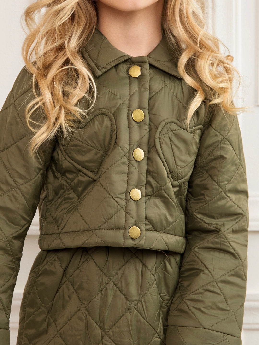 Olive Heart Nylon Quilted Jacket and Matching Skirt Set
