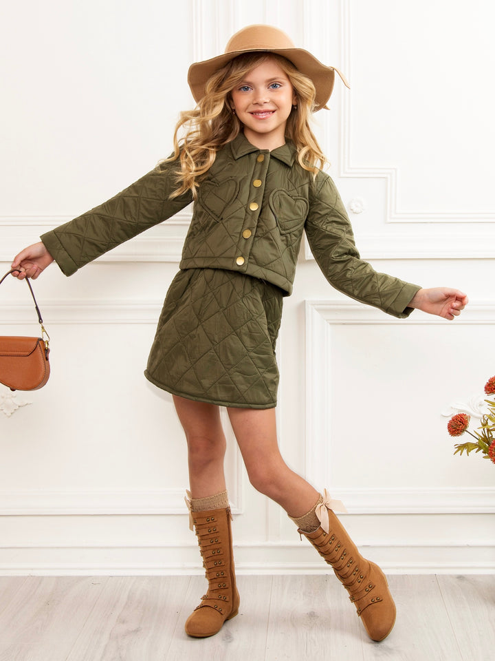 Olive Heart Nylon Quilted Jacket and Matching Skirt Set