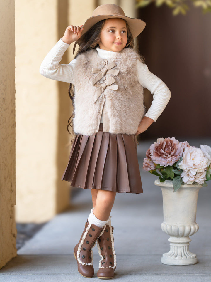 Taupe Faux Fur Bow Vest and Brown Pleated Skirt Set
