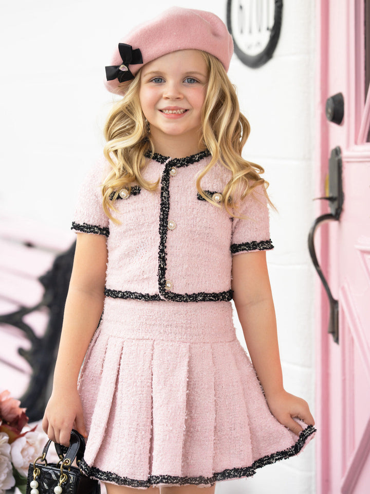 Pink Preppy Boucle Matching Jacket and Pleated Skirt Set