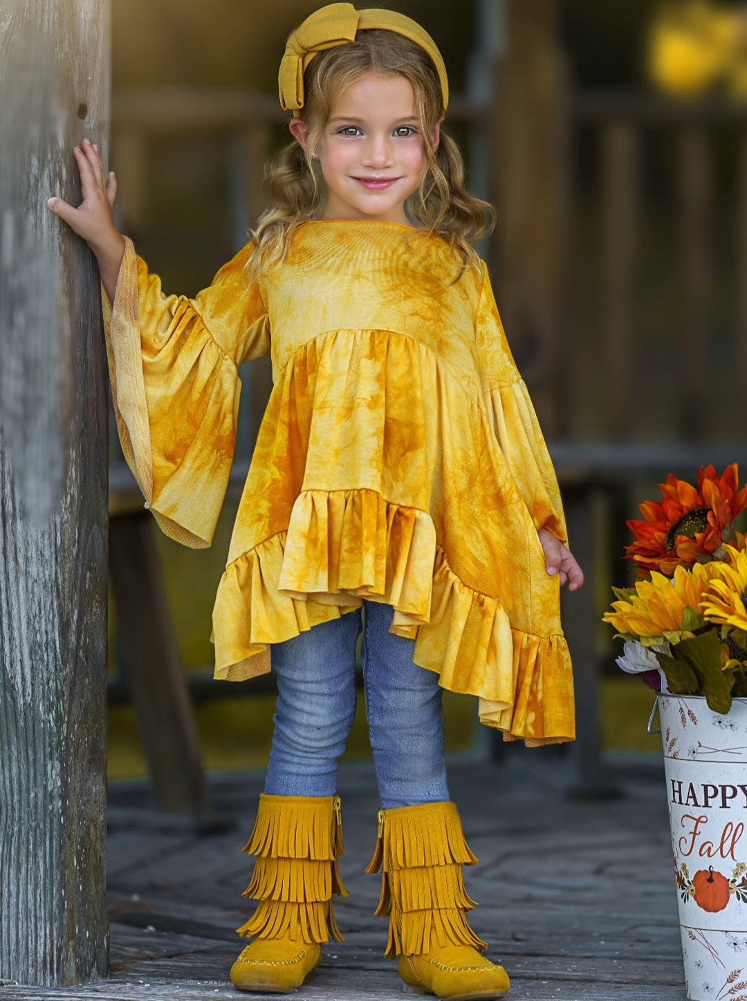Girls Fall Clothes | Zoe Boho Golden Tie-Dye Tunic - Mia Belle Girls