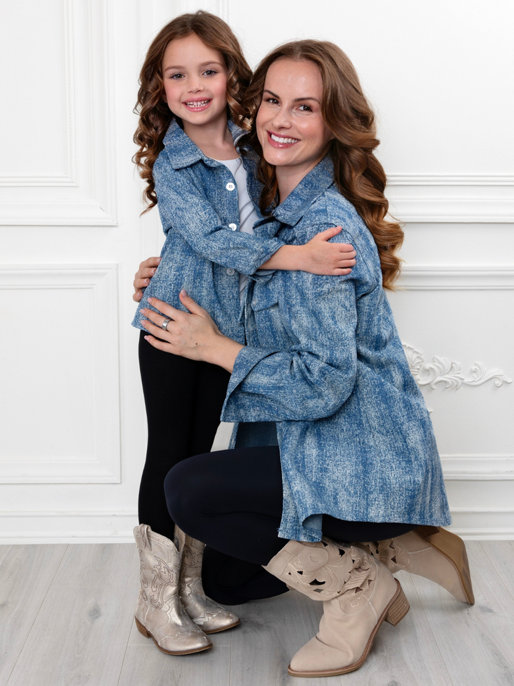 Mommy and Me Glam Glitter Light Medium Wash Denim Shacket