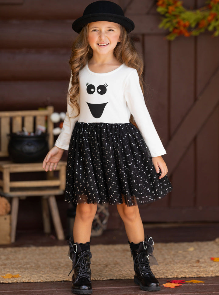 Girls Halloween Happy Ghost Glitter Tutu Dress - Mia Belle Girls