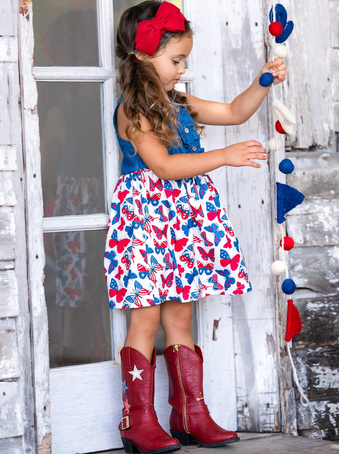 Mia Belle Girls Chambray Butterfly Dress | 4th of July Outfits
