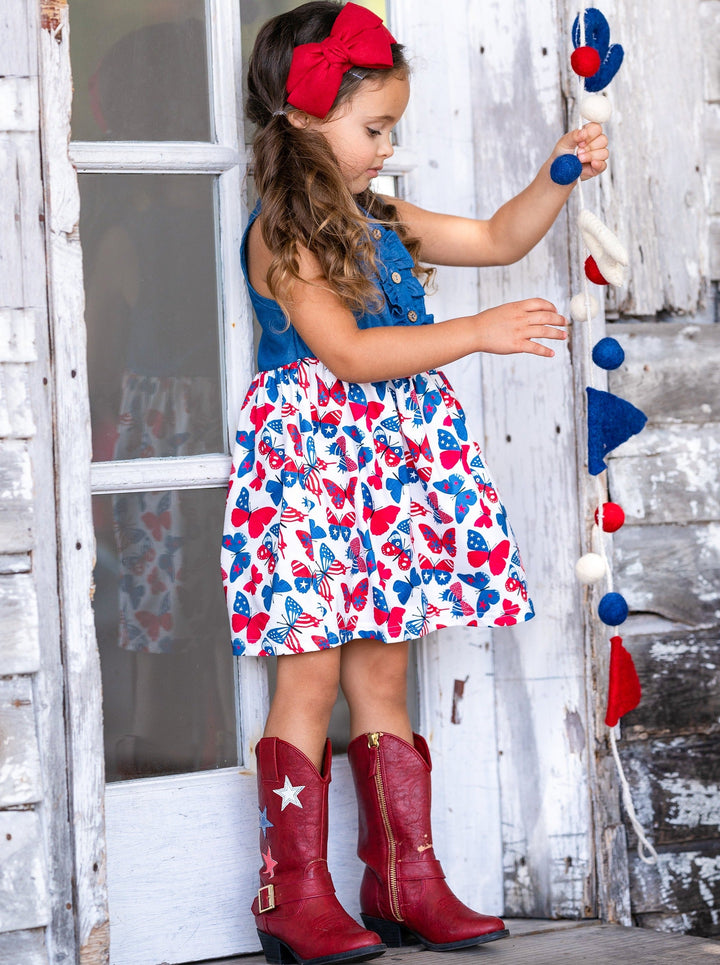 Mia Belle Girls Chambray Butterfly Dress | 4th of July Outfits