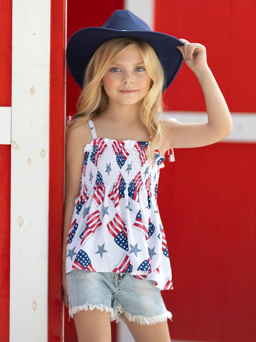 Mia Belle Girls US Flag Smocked Top And Denim Shorts | 4th of July