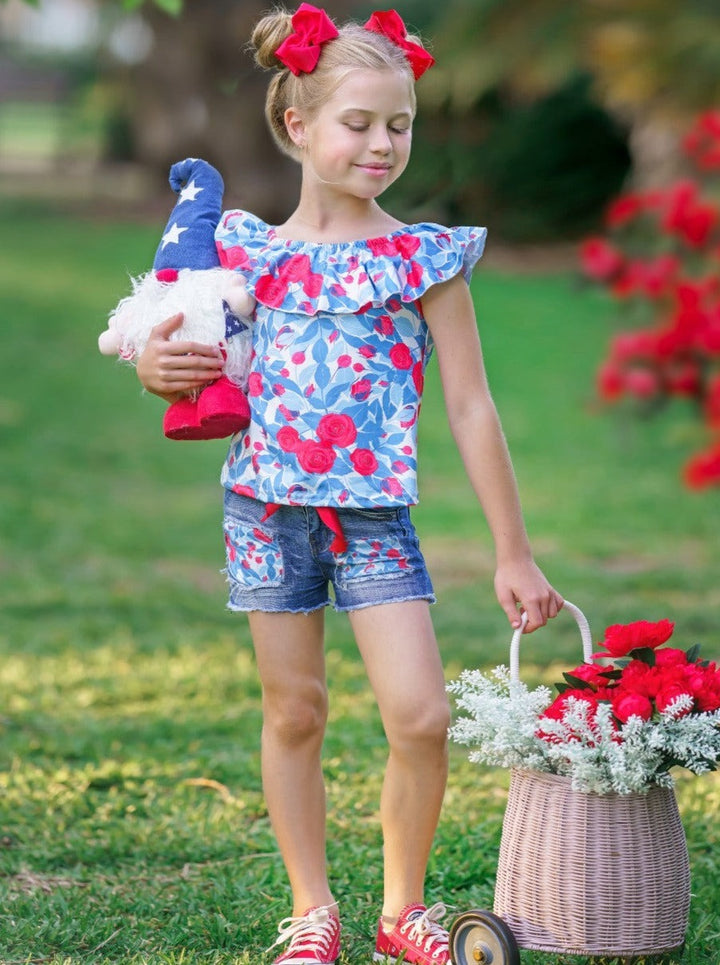 Girls Floral Ruffle Top And Patched Denim Shorts Set | 4th of July