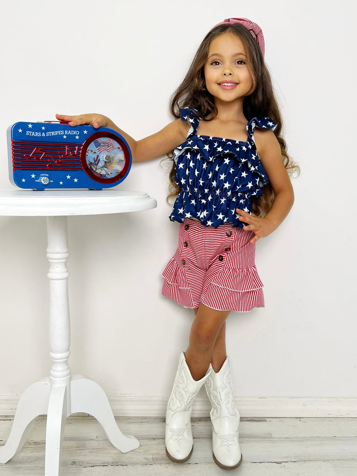 Mia Belle Girls Ruched Star Top And Striped Short Set | 4th of July