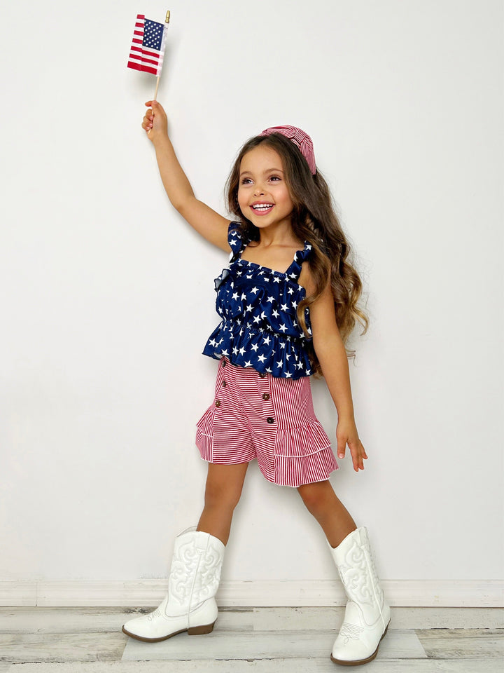 Mia Belle Girls Ruched Star Top And Striped Short Set | 4th of July