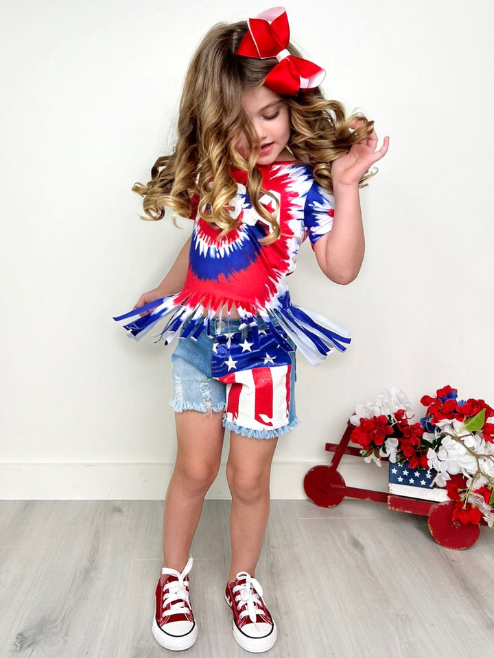Girls USA Tie Dye Fringe Top And Denim Short Set | 4th Of July Outfits