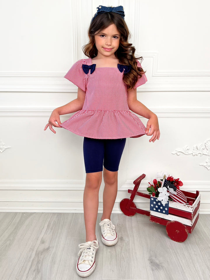 Red Gingham Bow Peplum Top and Navy Biker Short Set