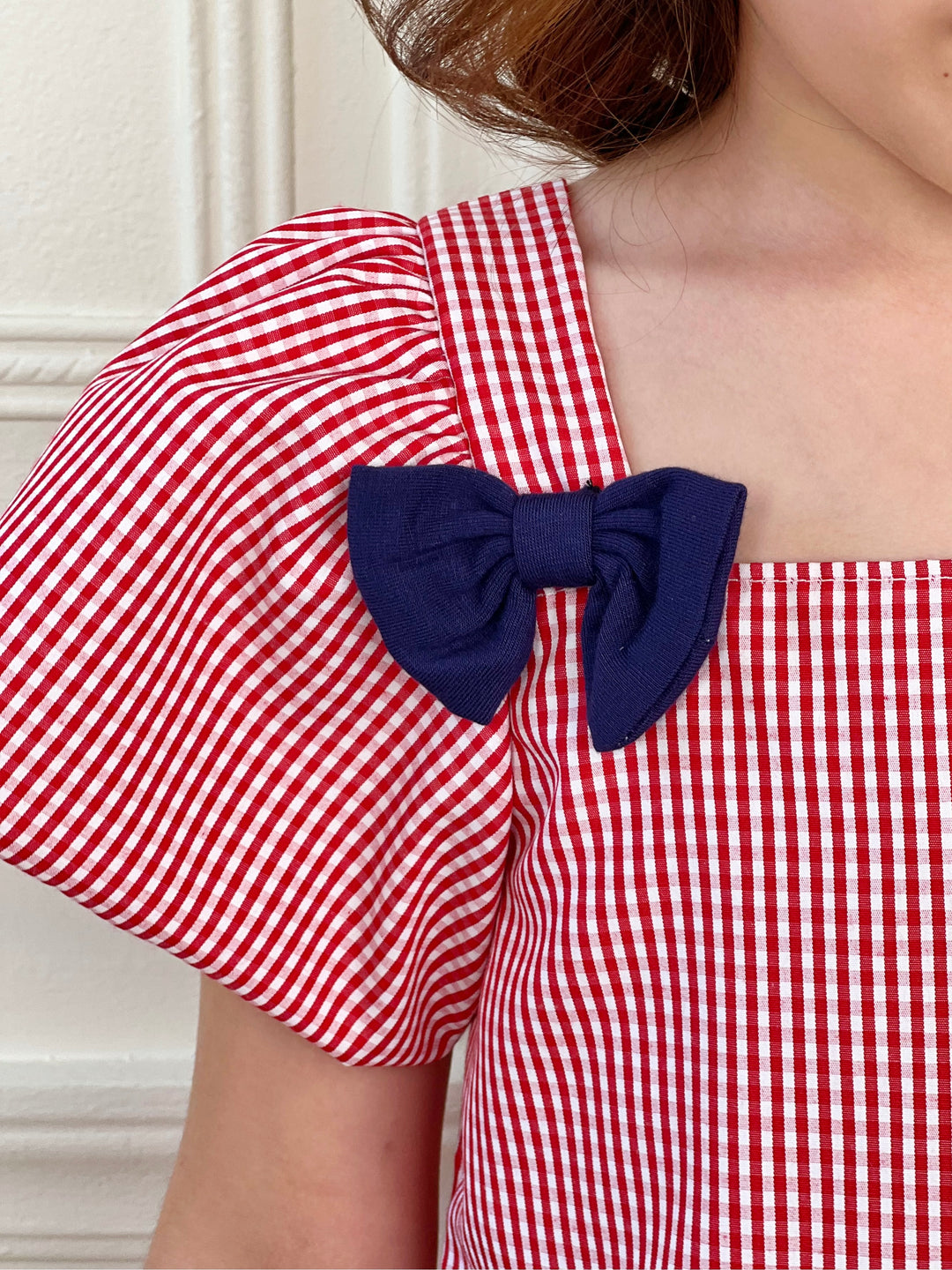 Red Gingham Bow Peplum Top and Navy Biker Short Set