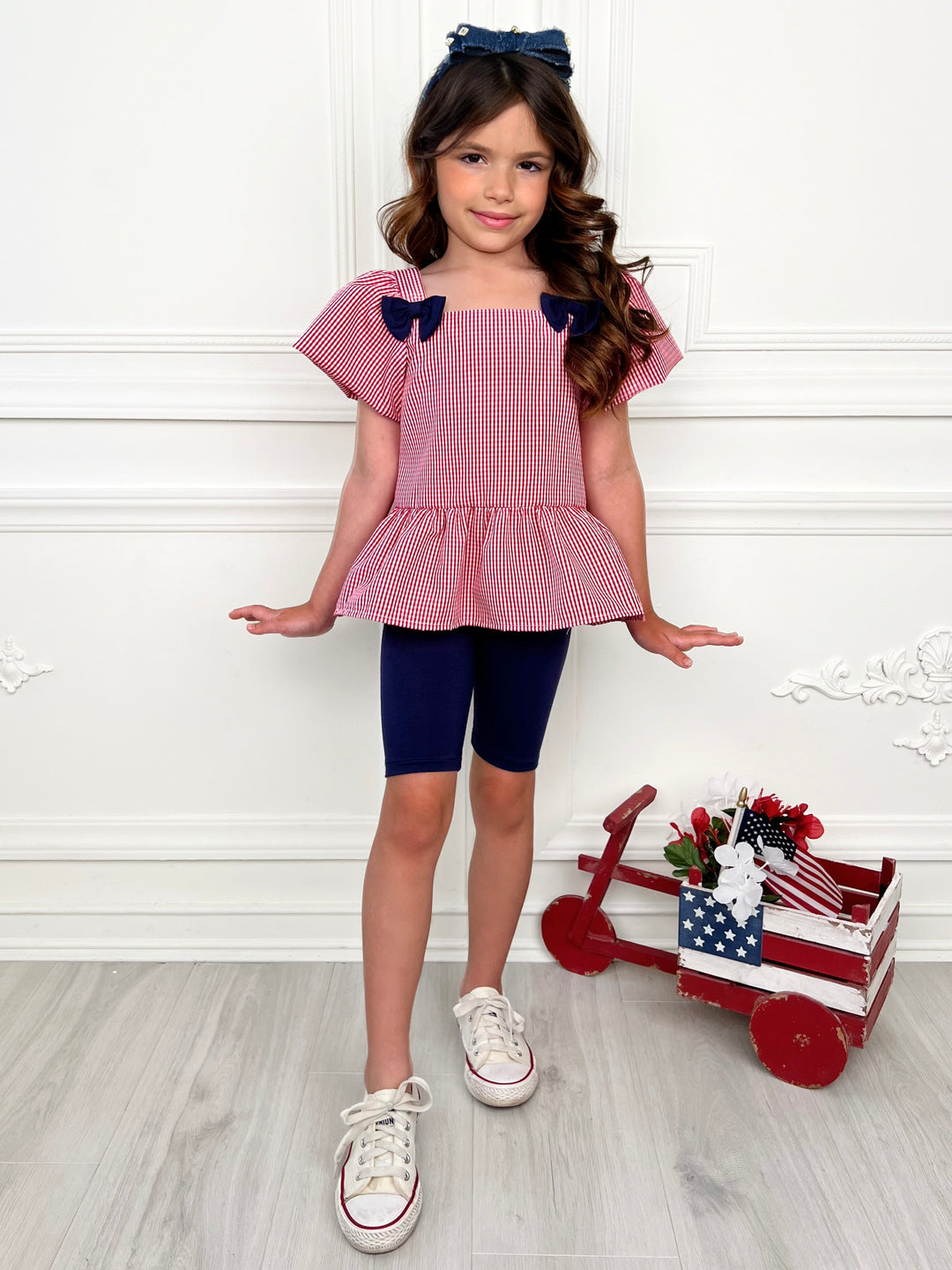 Red Gingham Bow Peplum Top and Navy Biker Short Set